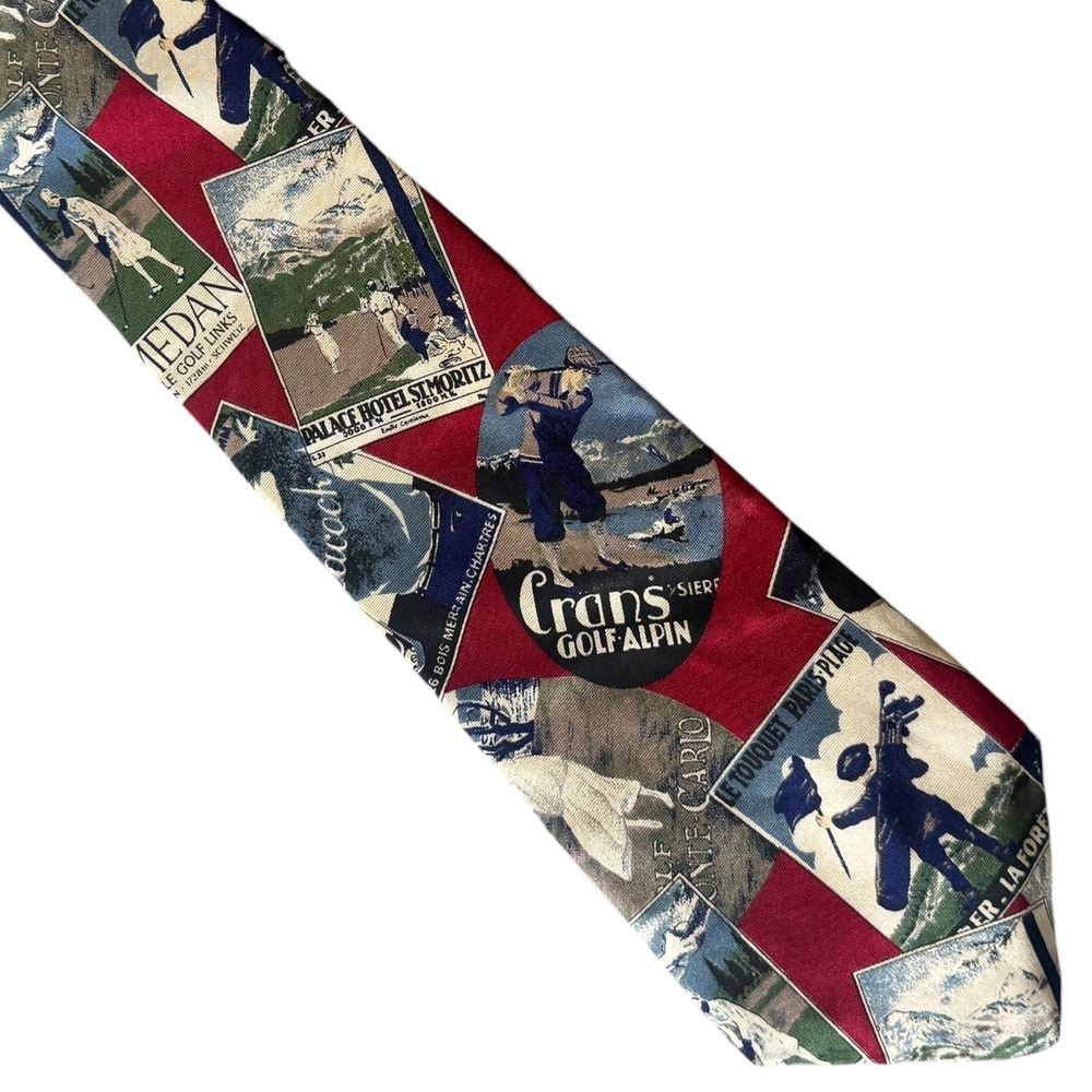 Bugatti Silk Tie Vintage Golf Postcard Print Red Italian Silk Men‎ Necktie Alpin